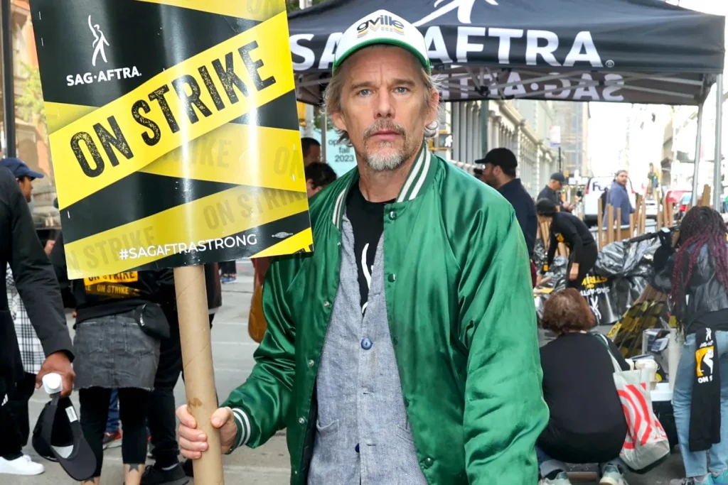 Ethan Hawke during the SAG-AFTRA picket line outside the HBO building in New York 